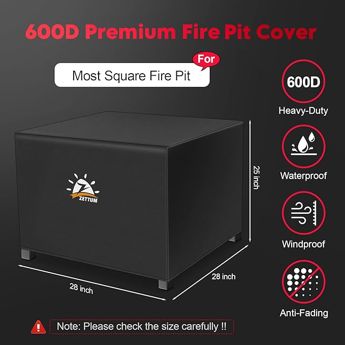 Zettum Fire Pit Cover Square 28 Inch - Outdoor Firepit Cover Heavy Duty & Waterproof, 600D Patio Fire Table Cover Gas Fire Pit Accessories Fit 28" Yaheetech and 28" Ciays Firepit - 28 x 28 x 25 Inch