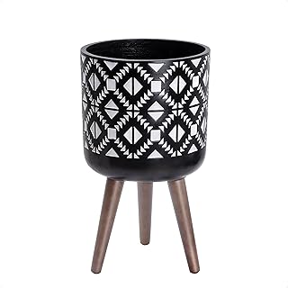 D'vine Dev 10 Inch Planter Pot with Stand, Mid-Century Tall Plant Pot with Legs for Indoor Plants, White/Black, 88-G-B-4