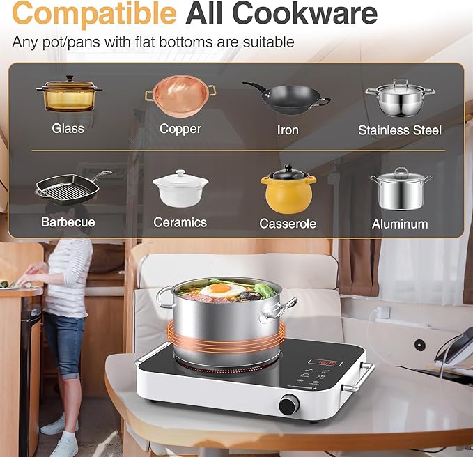 GIHETKUT Single Burner Electric Cooktop,1800W 110V Electric Stove Top with Knob Control, Portable Cooktop with 2 Handle,single burner electric stove with Double Ring Heating, 4 hours Timer