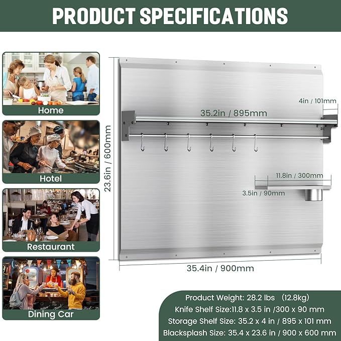 36"x24" Stove Backsplash, Stainless Steel Range Backsplash with Storage Shelf & Hooks - Easy Install Kitchen Splash Guard Wall Panel