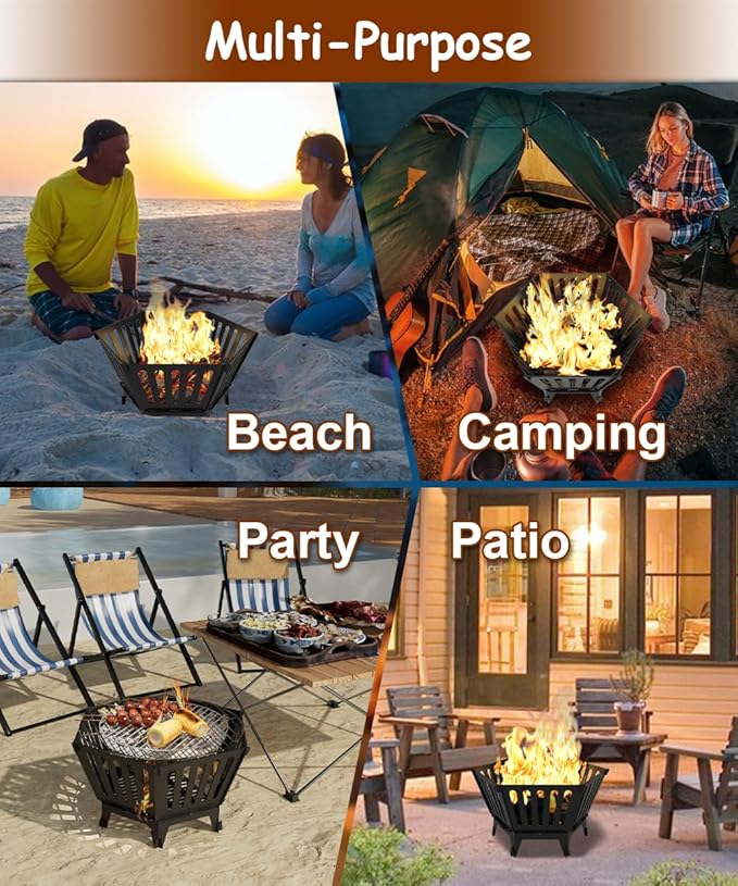 22.5 Inch Portable Hexagon Fire Pit with Travel Bag — Smokeless Patented Design Outdoor Wood Burning Fire Pit for Camping, Backyard, Patio, Bonfire, Picnic and BBQ, Vertical Hollow Style