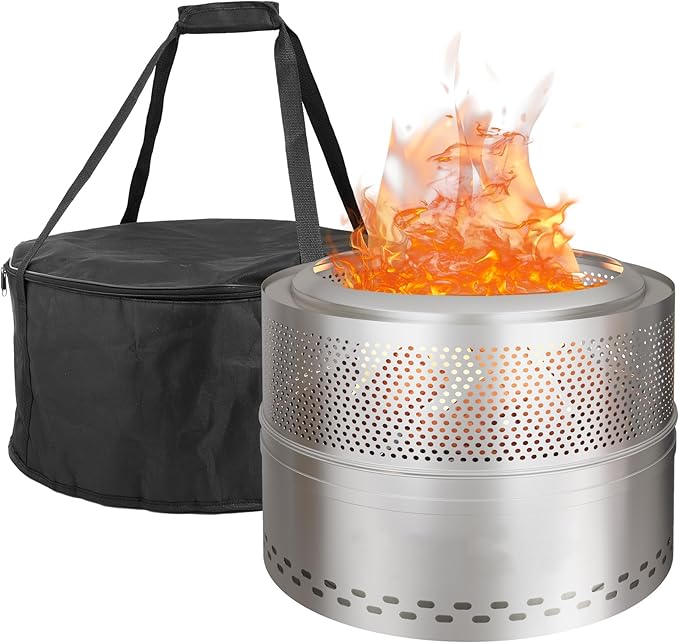 Smokeless Firepit Bonfire 20", Outside Wood Burning Metal Stove Stainless Steel Fire Pit with Carry Bag, Portable Camping Propane Patio Backyard, Easy Setup & Cleaning (Silver)