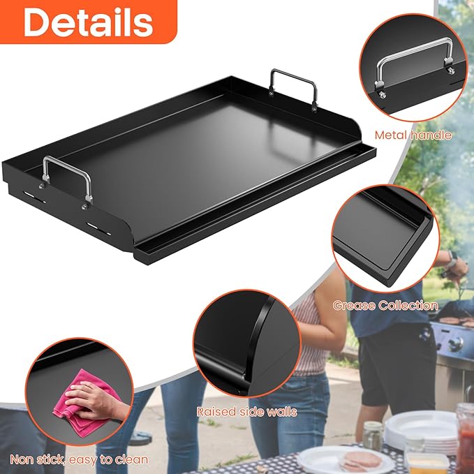 Updated 25" x 16" Cast Iron Griddle for Gas Grill, Nonstick Nanoceramic Stove Top Griddle for Gas Stove, Pre-Seasoned Flat Top Plate Insert for Outdoor Gas Grill, Camping, Tailgating, Parties