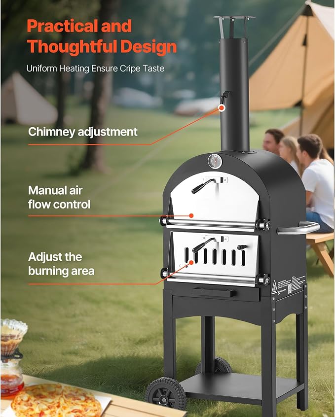 VEVOR Portable Outdoor Oven, 12-inch Stand Pizza Oven with Casters, Pellet & Chips & Charcoal & Firewood Four Fuel, Baked Paint Pizza Grill, Includes Pizza Stone, Pizza Shovel, for Camping & Backyard