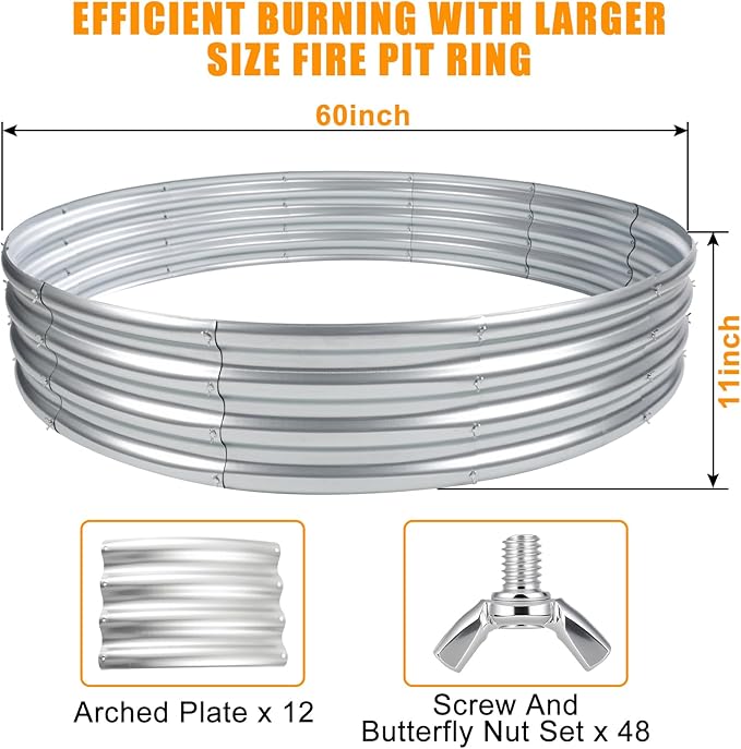 Heavy Duty 60 Inch Fire Pit Ring - 0.8mm Thick Galvanized Steel, Rust Resistant, Tool-Free Assembly, Large Outdoor Fire Pit for Camping, Backyard, Patio, Garden, Also Use as Planter