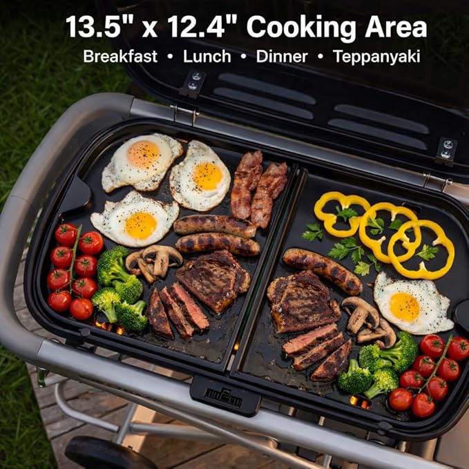 7034 Cast Iron Griddle - 13.5" x 12.4" for Weber Traveler Gas Grill with Grease Holes, Flat Top Insert Cooking Griddle for Traveler Model 9010001 9011701 1501740 1501741 and More