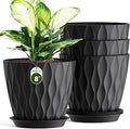 8 Inch Wave Plant Pots with Drainage Holes & Saucers, 4 Pack Modern Textured Medium Planters for Indoor Outdoor Plants, Decorative Flower Pots Repotting Set for Flowers, Herbs (Black)