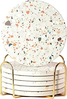Terrazzo Coasters Set of 6, Ceramic Absorbent Drink Coasters, Cute Mid Century Boho Coaster, Coffee Table Desk Decor, Colorful Stone Coaster for Drinks