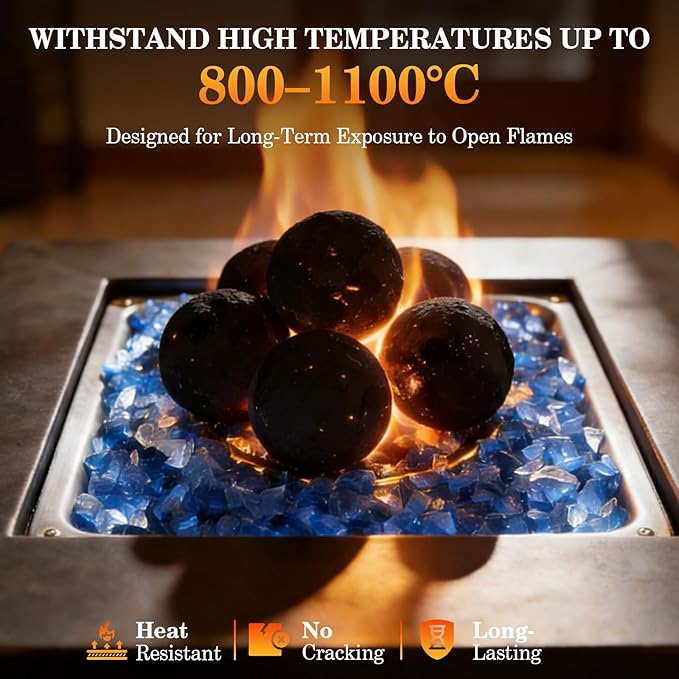 GRISUN Ceramic Fire Balls, 5 Inch Set of 6 Round Fire Stones for Natural or Propane Fireplace, Reusable Fireballs for Indoor & Outdoor Fire Pit/Fireplace/Fire Bowls, Black