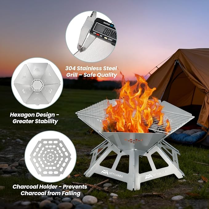21" Portable Outdoor Fire Pit, 0.8mm Thick Stainless Steel Collapsible Wood Burning Pit with Charcoal Grill Net & Storage Bag for Patio, Backyard BBQ, Camping & Beach Bonfires