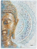 Gold Buddha Canvas Wall Art: 3D Textured Mandala Flower Blossom Buddha Painting Zen Print Picture on Blue for Yoga Meditation Room Bedroom Framed and Ready to Hang 12"x16"
