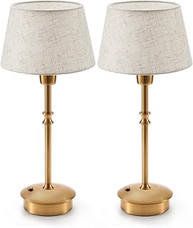 UMEXUS Small Cordless Lamp Rechargeable Table Lamps Set of 2, Dimmable Battery Operated Lights, Portable Accent Light for Side Table Restaurant Dining Outdoor, Beige Fabric Shade, Antique Brass