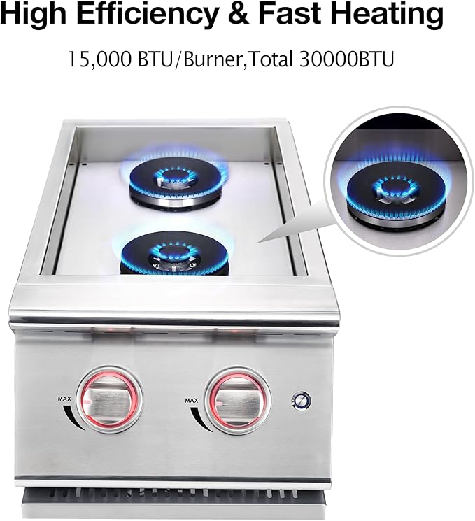 Double Grilling Side Burners for Outdoor Grill, Sturdy 304 Stainless Steel, with Liquid Propane Kit, Drop-in Side Burner for Outdoor Kitchen BBQ Island, 2 * 15,000BTU Natural Gas Side Burner