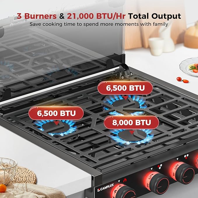 CAMPLUX Elite RV Stove 3 Burners, 21,000 BTU Propane Cooktop with Tempered Glass Cover & Flame Failure Protection, 21-Inch Slide-In Gas Rangetop for RVs, Campers, Motorhomes, and Boats, Black