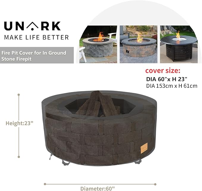 Fire Pit Cover Round 60 inch,Waterproof 600D Heavy Duty Patio Fire Pit Cover,Outdoor Round Gas Fire Pit/Table Cover,60” Dia X 24”H,Black
