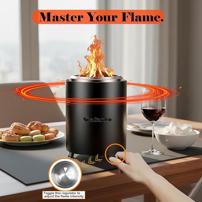 Portable Tabletop Fire Pit, VivaGarden Smokeless Table Top Fire Pit, Wood Burning & Pellets Outdoor Camping Stove with Carry Bag, Forks and Mat (9.7x7.1 Inch, Black)