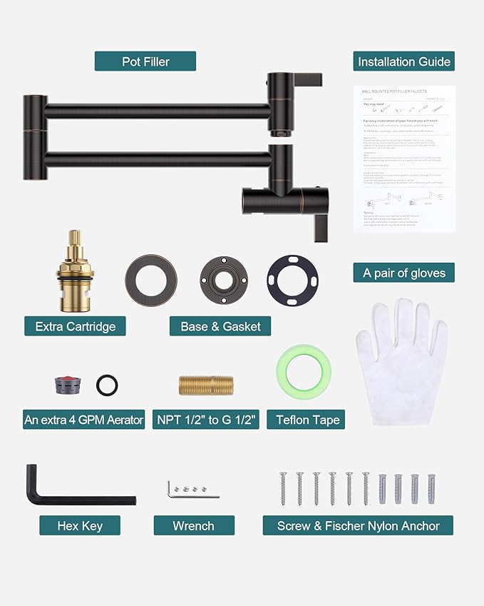 Pot Filler Faucet Oil Rubbed Bronze, ARCORA Traditional Pot Filler Wall Mount 2 Handle with Double Joint Swing Arms Brass Stove Faucet
