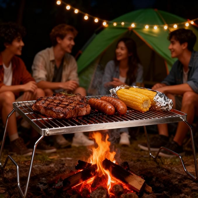 15.8" Folding Campfire Grill, 304 Stainless Steel, Portable Firepit Grate for Camping, Hiking, Picnics