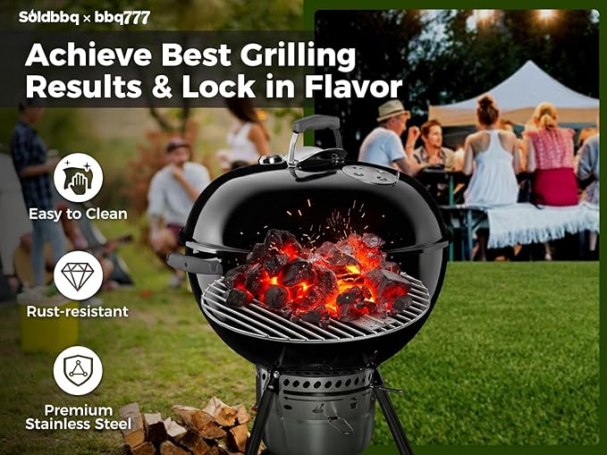 7441 Folding Replacement Parts Grill Grate & 7444 One-Touch Cleaning System Kit for Weber 22-1/2-Inch Charcoal Kettle Grill, Stainless Steel Grate for Weber Kettle Parts for 22'' Charcoal Grill, Charcoal Kettle Accessories