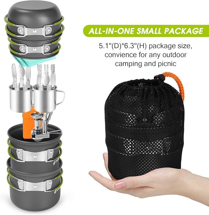 Odoland 16pcs Camping Cookware Mess Kit, Lightweight Pot Pan Mini Stove with 2 Cups, Fork Spoon Kits for Backpacking, Outdoor Camping Hiking and Picnic