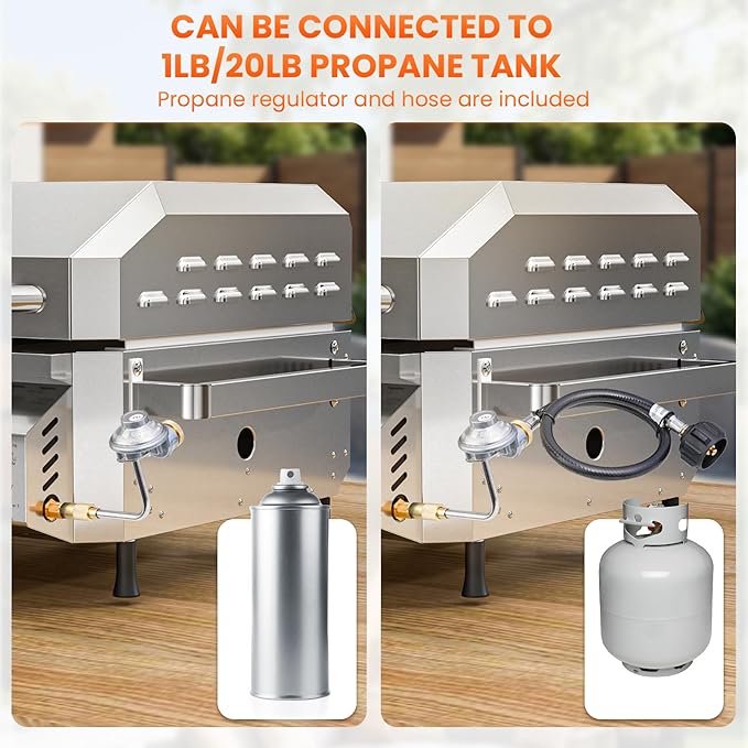Cowsar Premium Dual-Burner Tabletop Gas Grill | 16,000 BTU Portable Propane Grill with 304 Stainless Steel & Dual Side Shelves – Compact Outdoor BBQ for Patio, Camping, and Backyard Grilling