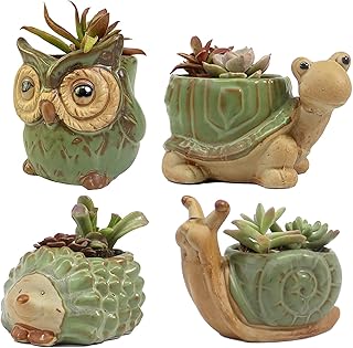 Small Ceramic Succulent Pot with Drainage, Animal Succulent Planter, 4.4 Inch Flower Pots, for Flower, Cactus, Mini Succulent Plants, Indoor and Outdoor use, Set of 4 Garden Gift