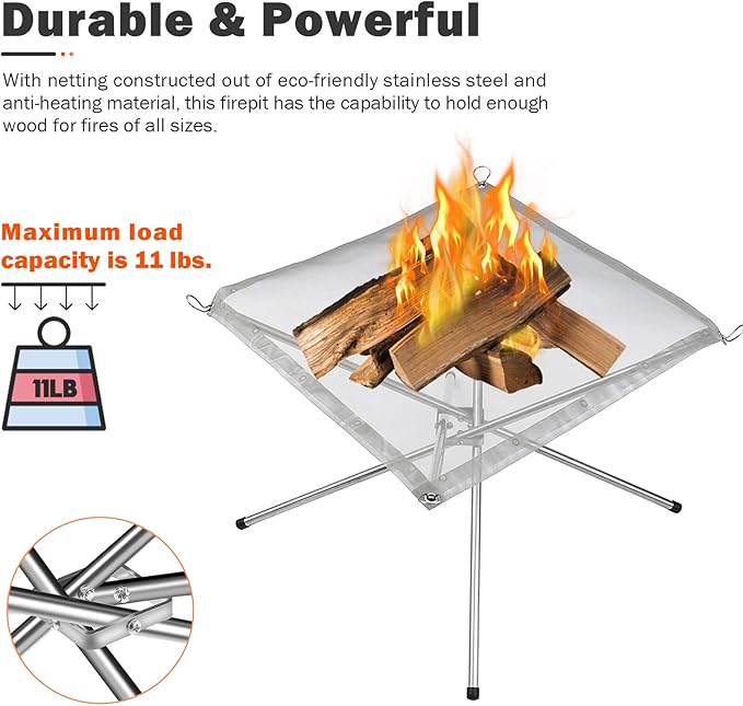 Portable Outdoor Fire Pit 16.5 Inch Upgrade Foldable Stainless Steel Mesh Fire Pit Wood Burning, Collapsible Fireplace Space Saving Perfect for Camping, Backyard, Patio, Garden (Carrying Bag Included)