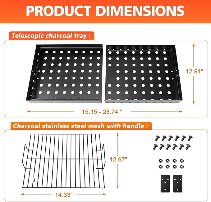 Uniflasy Stretchable 15-28" Charcoal Tray for Expert 24 Grill Parts, Pit Boss Memphis I, Chargriller PS9900 2190 6500 6800 8500, Adjustable Charcoal Basket Holder for Smoke Hollow 47183T-21 Replacement Parts