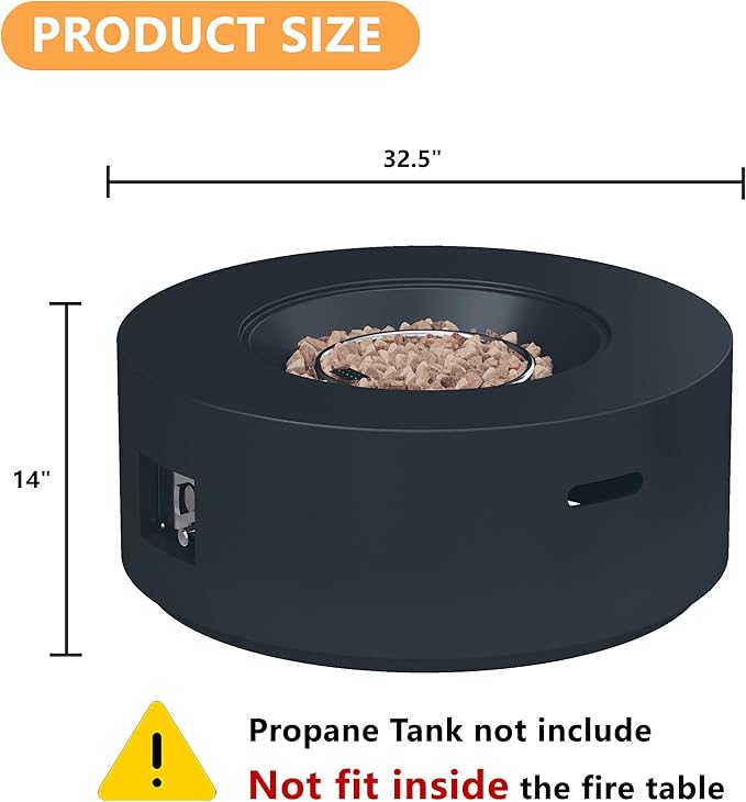 32.5 inch Round Propane Fire Pit, 50000 BTU Gas Fire Pit Table with Steel Lid, Waterproof Cover, 10ft Gas Hose & Gas Tank Base, Lava Rocks, Black