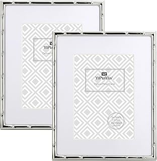 YiPinYin 8x10'' Bamboo Detail Designs Silver Metal Picture Frame with Mat for 5x7'' Set of 2,Narrow Silver Plated Photo Frames 5x7'' With Soft Touch Velvet Backing for Desktop and Wall Décor