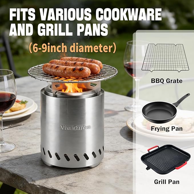 9.7 x 7.1 inch Tabletop FirePit, VivaGarden Portable Fire Pit Outdoor, Wood and Pellets Burning Camping Stove with Carry Bag, Forks, Mat and Pot Stand (Silver)