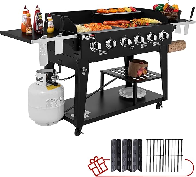 Royal Gourmet GD601B 6-Burner Gas Grill and Griddle Combo, Large Cooking Capacity Propane Grill & Griddle 2-in-1, 78,000 BTU Output for Back Yard, Garden, Family Party, BBQ, Black