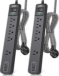 2 Pack Power Strip Surge Protector - 5 Widely Spaced Outlets 3 USB Charging Ports, 1875W/15A 6Ft Braided Extension Cord, Flat Plug Overload Protection, Wall Mount for Home Office Dorm Room Essentials