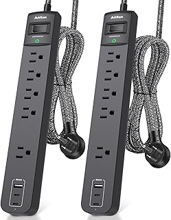 2 Pack Power Strip Surge Protector - 5 Widely Spaced Outlets 3 USB Charging Ports, 1875W/15A 6Ft Braided Extension Cord, Flat Plug Overload Protection, Wall Mount for Home Office Dorm Room Essentials