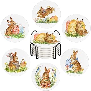 LOKMU Coasters for Drinks,Round Absorbent Ceramic Stone Coaster Sets of 6 with Metal Holder Stand,Watercolor Bunny Happy Easter Coasters with Cork Base for Coffee Wooden Table,Housewarming Gifts