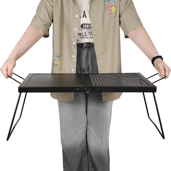 REDCAMP Folding Campfire Grill, Heavy Duty Steel Mesh Grate, 23.6" Portable Camping Grates Over Fire Pit, Campfire Cook Equipment with Legs Carrying Bag, Grilling Rack for Outdoor Open Flame Cooking