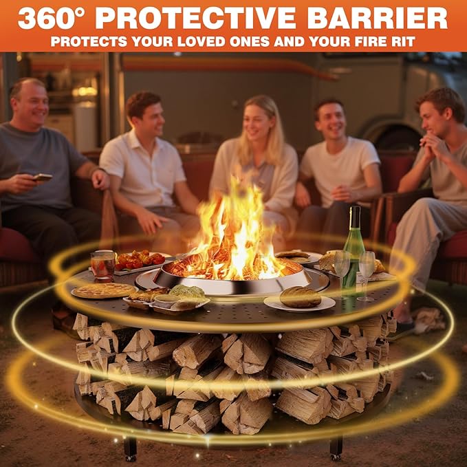 Fire Pit Surround Tabletop for Solo Stove Bonfire 1.0&2.0,Ranger 1.0&2.0, 41" Fire Pit Surround Tabletop with Wood Storage Shelf,Powder-Coated Steel Surround Tabletop with Extra Space and Raised Stand