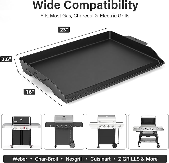 23"x16" Cast Iron Universal Griddle for Gas Grill - 23.5lb Heavy Duty - Pre-Seasoned Nonstick Surface, Reinforced Ridges & Extra High Sidewalls, Flat Top Plate for Gas/Charcoal