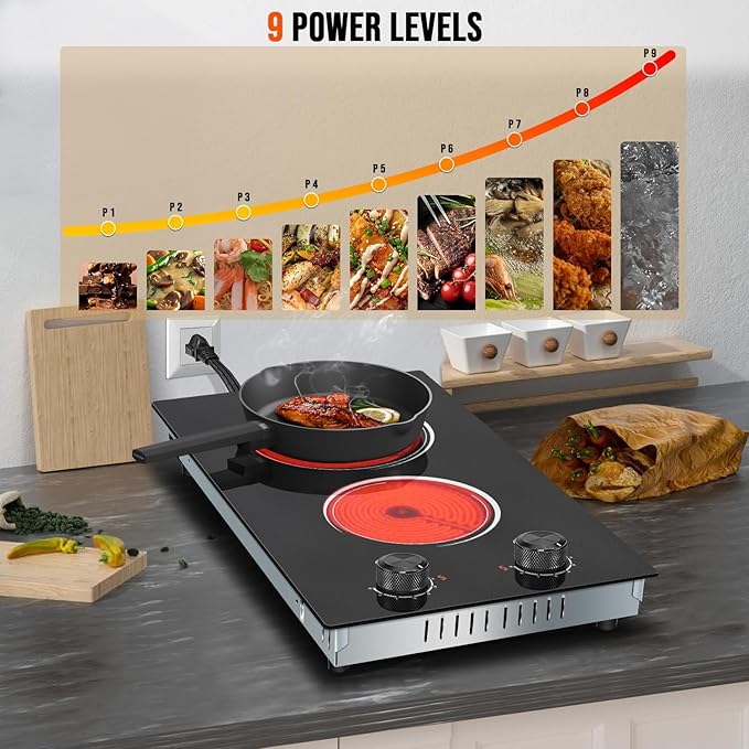 2 Burner Electric Cooktop 110V, 12 Inch Electric Cook Top Plug in, 2000W Electrics Stove with Knob Control, Countertop & Built-in Ceramic Stovetop, 9 Heating Level, Residual Heat Indicator