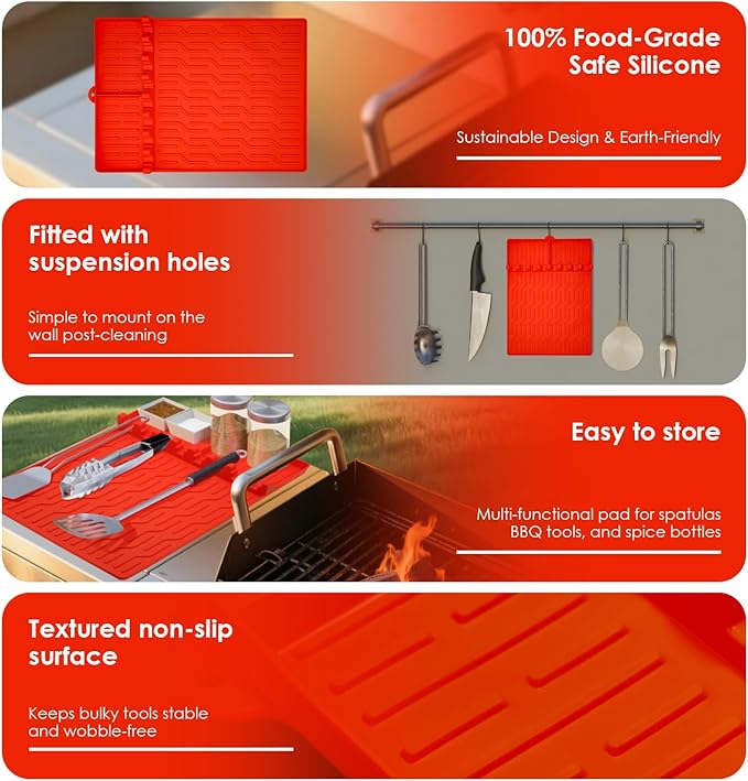 Silicone Grill Mat Compatible with Blackstone, Silicone Griddle Tools Mat with Drip Pad, Spatula Pad Griddle Accessories for Outdoor BBQ or Kitchen Countertop (Orange)