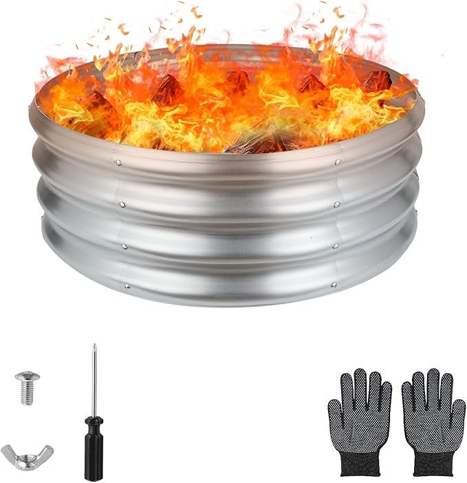 Raynesys 24 Inch Round Galvanized Fire Pit Ring, Silver Round Galvanized Fire Ring, 2 Feet Diameter Fire Pit, Outdoor Pits for Backyard, Camping, Bonfire