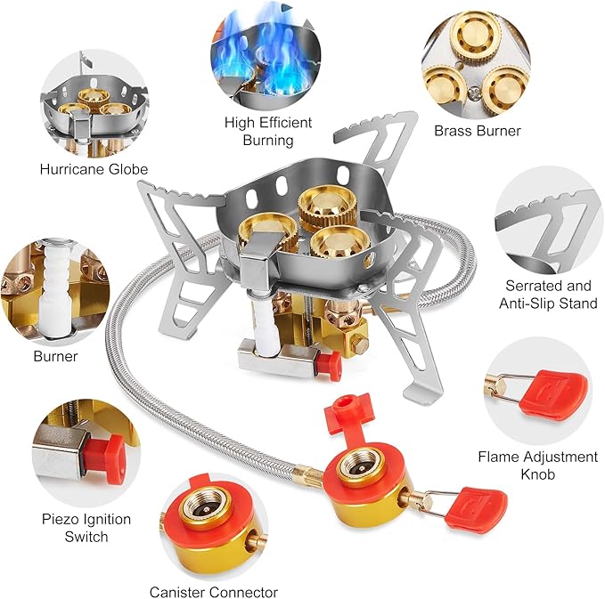 WADEO 6800W Windproof Camping Gas Stove, Small Camping Stove with Piezo Ignition, 1LB Propane Tank Adapter, Butane Adapter for Outdoor Cooking, Picnic, Camping and Hiking