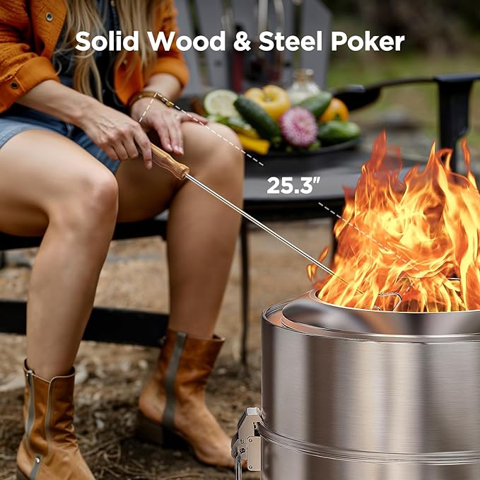 Ciays Smokeless Firepit, 17 inch Fire Pit for Camping with Patented Technology, Portable Fire Pit for Outside with Steel Grill Rack, Fire Poker, and Bag, Easy Setup and Storage, Wood Burning