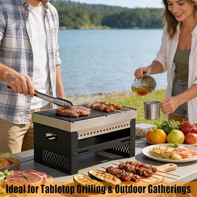 Portable Charcoal Grill, Small Tabletop BBQ, Foldable Mini Hibachi, Stainless Steel Camping Grill, Compact Outdoor Cooker for Picnic, Tailgating