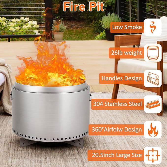 GarveeLife 20.5 in Portable Smokeless Fire Pit with Stand, Handles Design, Stainless Steel Stove Wood Burning, Removable Ash Pan, for Camping, Garden, Backyard