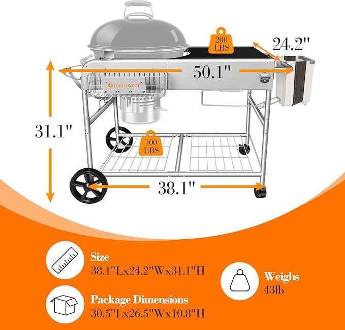 Grill Table for Weber 18" & 22" Original Kettle,Kettle Grill Cart,Outdoor Prep Table for Weber Original Kettle,Jumbo Joe,Master-Touch Charcoal Grill,Performer Charcoal Grill Accessories