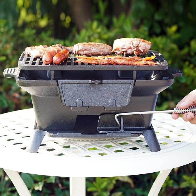 Hibachi Grill Outdoor, Portable Small Charcoal Grills, 100% Cast Iron, Mini Japanese Yakitori Tabletop Skillet Grill Stove for Outdoor Camping - Coal Door, Draft Door, Ideal for 2 People