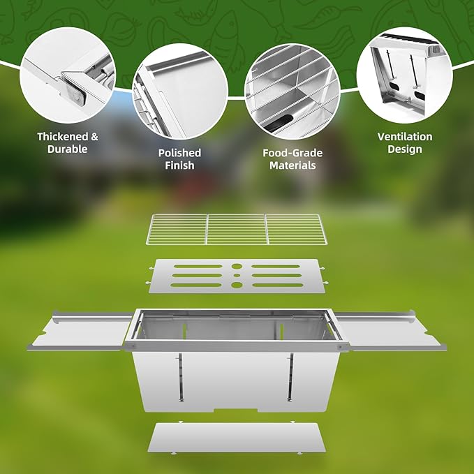 Portable Grill, Uten Stainless Steel Foldable Charcoal Grills with Condiment Plates, Carry Bag, Lightweight & Heat Resistant, for Camping, Tailgating, Beach BBQ (15.3" x 8.7")