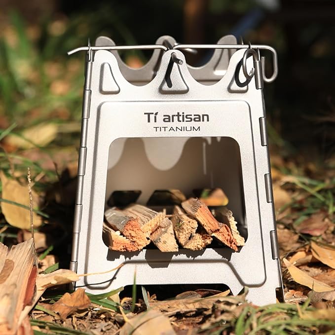 Titanium Wood Burning Stove with Hinge, Folding Camping Backpacking Stove Titanium Wood Stove Portable Wood Alcohol Stove for Outdoor Camping Picnic BBQ