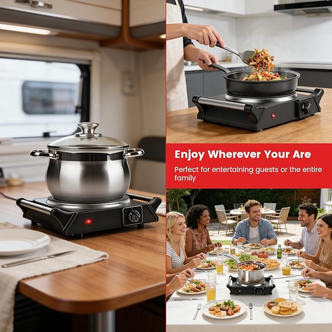 1000W Electric Single Burner, Silicon Crystal Glass Hot Plate Cooktop with 5 Temperature Stepless Adjustments Portable Handles for RV/Home/Camp (Single Burner)